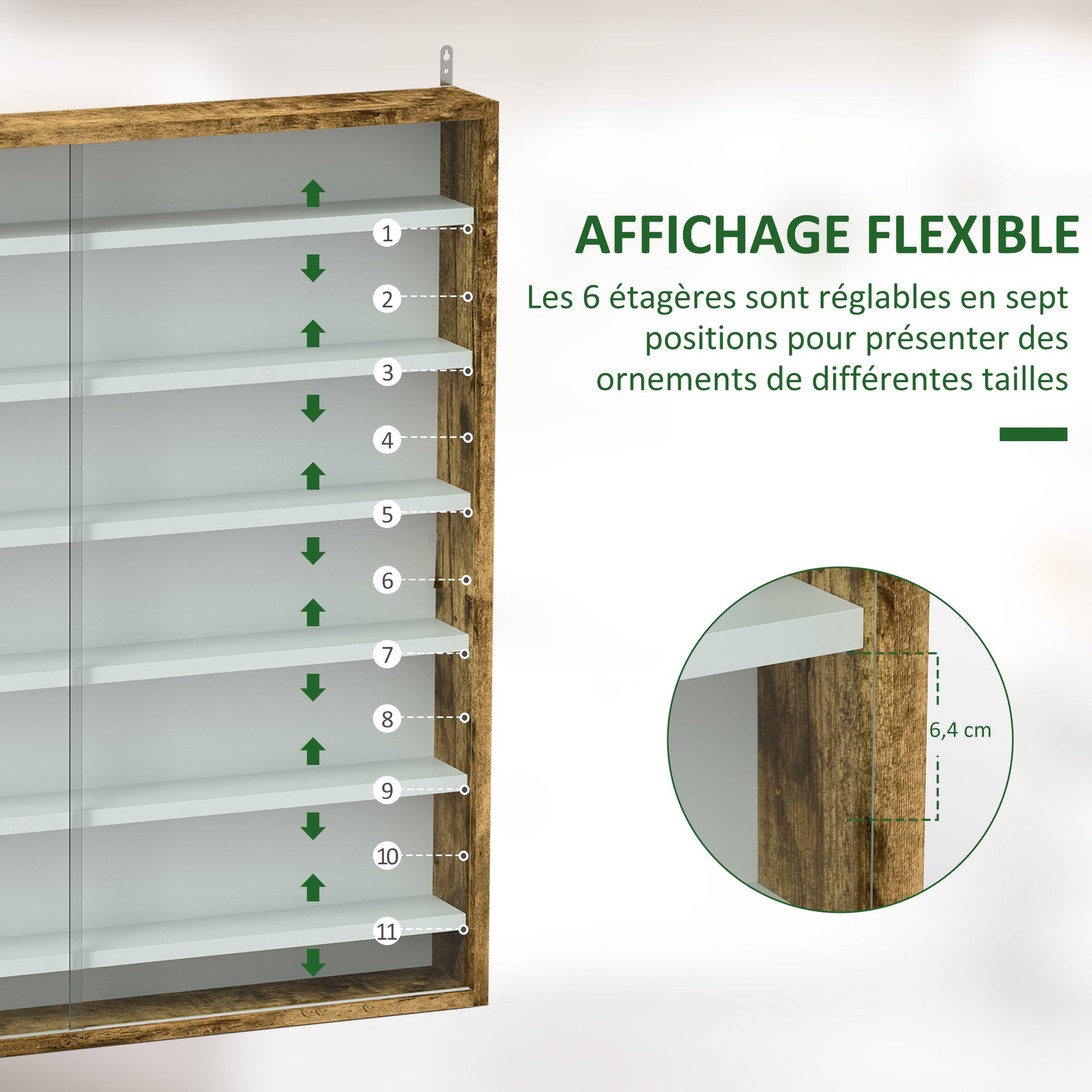 Vitrine pour collection vitrine murale 80 x 9,5 x 83 cm 6 étagères réglables en hauteur 2 portes coulissantes en verre