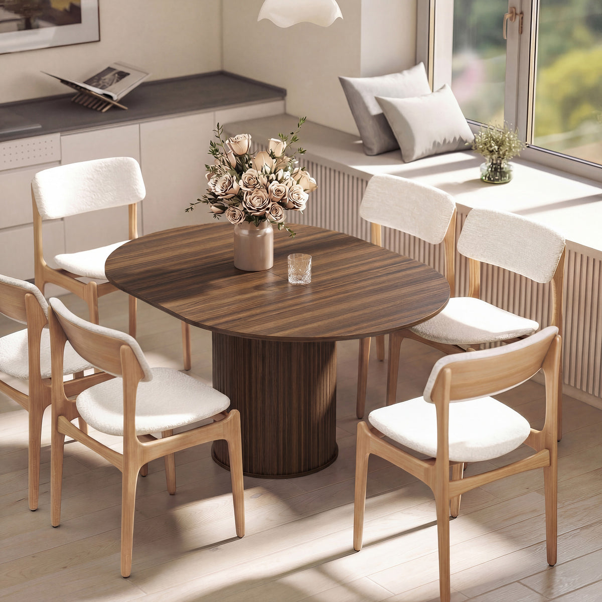 Mesa de Comedor Extensible para 6 a 8 Personas, 110-150 cm, Mesa de Cocina Ovalada con Base Central Redonda, Nogal