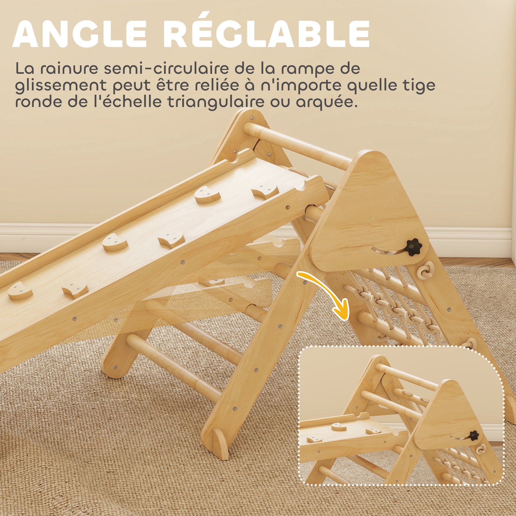Triangle d'escalade enfants 8 en 1 avec rampe double face, arc d'escalade en bois avec toboggan & échelle, naturel