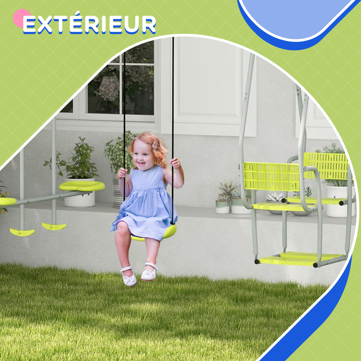 3 en 1 balançoire portique enfant avec 2 face à face et 1 siège de balançoire charge max. 225 kg vert