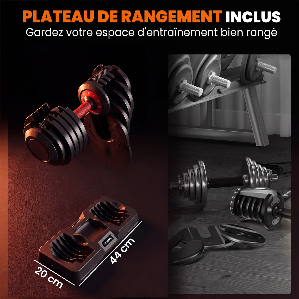 Mancuernas Ajustables 10 en 1, 2x24kg, Ajuste Rápido, Bloqueo de Seguridad, Mango Antideslizante, Bases de Almacenamiento, Negro