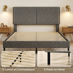 Estructura de cama de 140 x 190 cm con somier y cabecero ajustable, cama doble tapizada en lino, almacenamiento inferior, gris