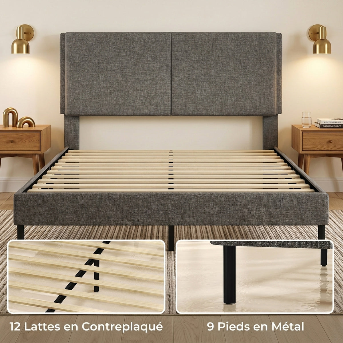 Estructura de cama de 140 x 190 cm con somier y cabecero ajustable, cama doble tapizada en lino, almacenamiento inferior, gris