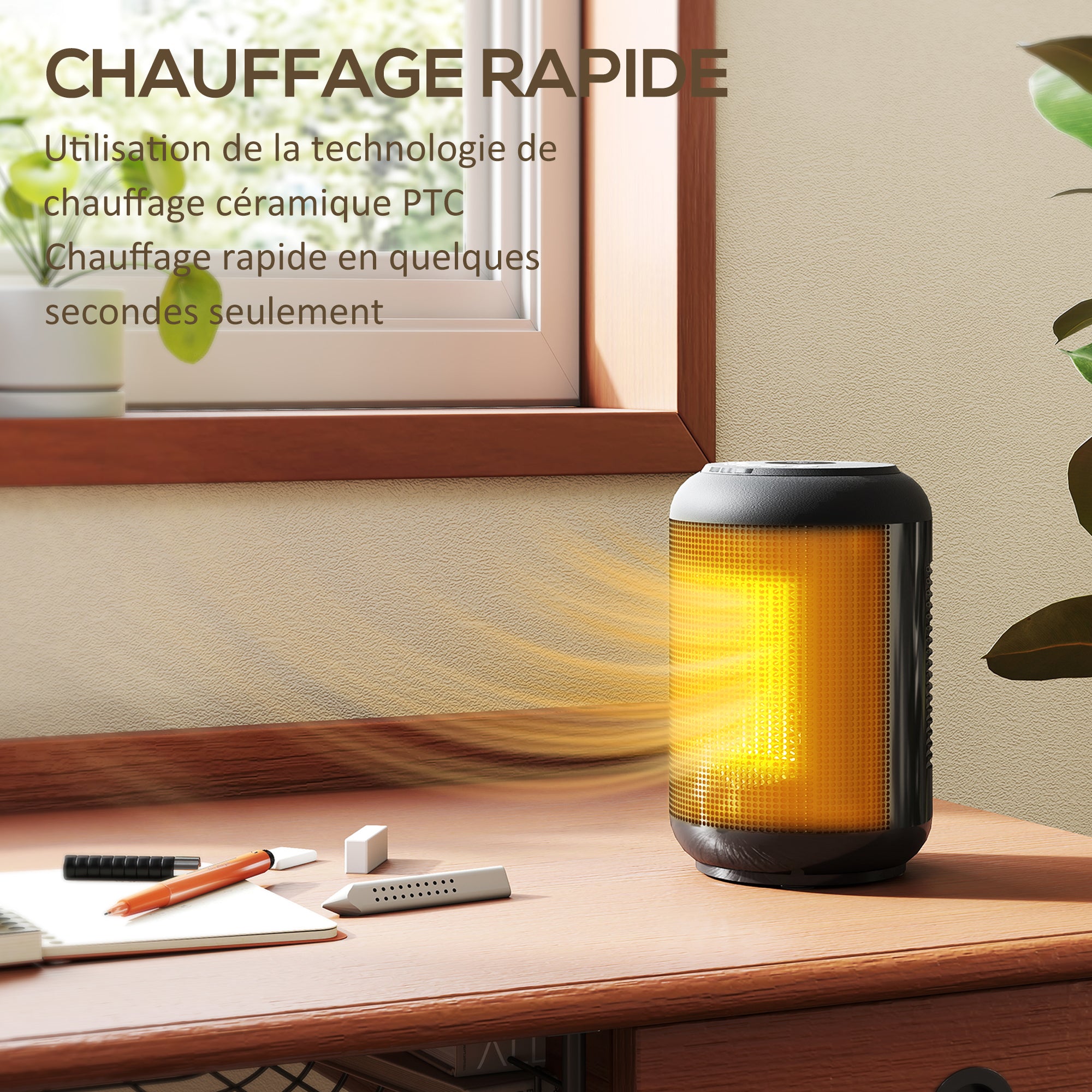 Chauffage d'appoint céramique PTC, radiateur électrique soufflant 1500 W, thermostat réglable, 14 x 14 x 21,5 cm, noir