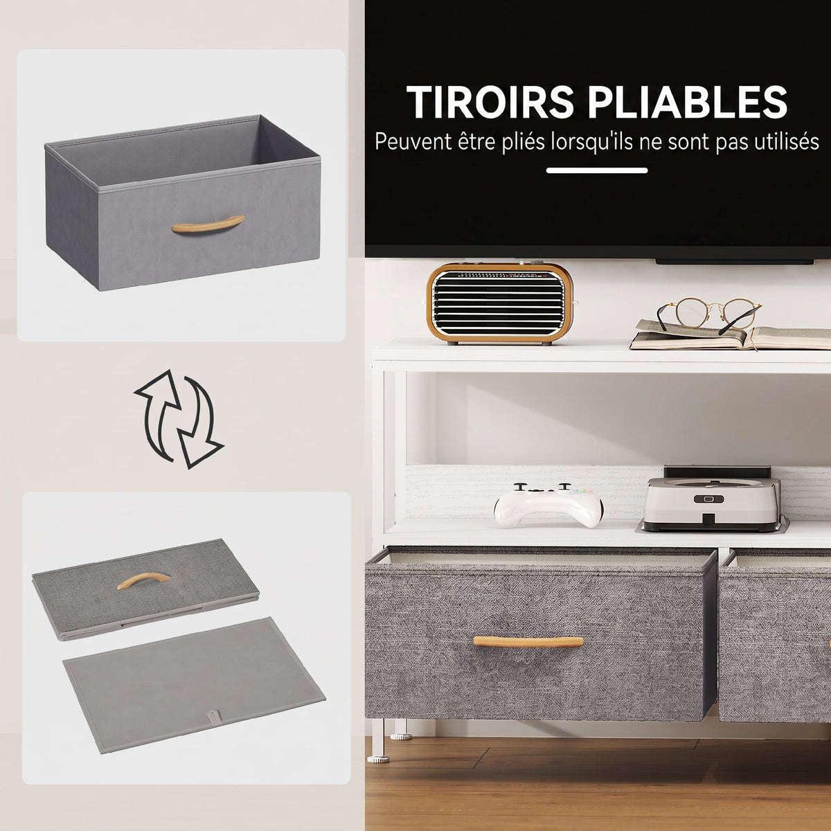Meuble TV, meuble télé pour téléviseur jusqu'à 47 pouces avec 2 tiroirs et pieds en acier, 98 x 29 x 56 cm, gris clair