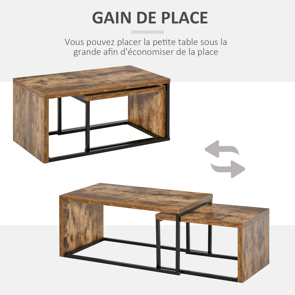 Lot de 2 Tables Basses gigognes Design Industriel encastrable dim. Grande Table 90L x 48l x 42H cm métal Noir Aspect Vieux Bois