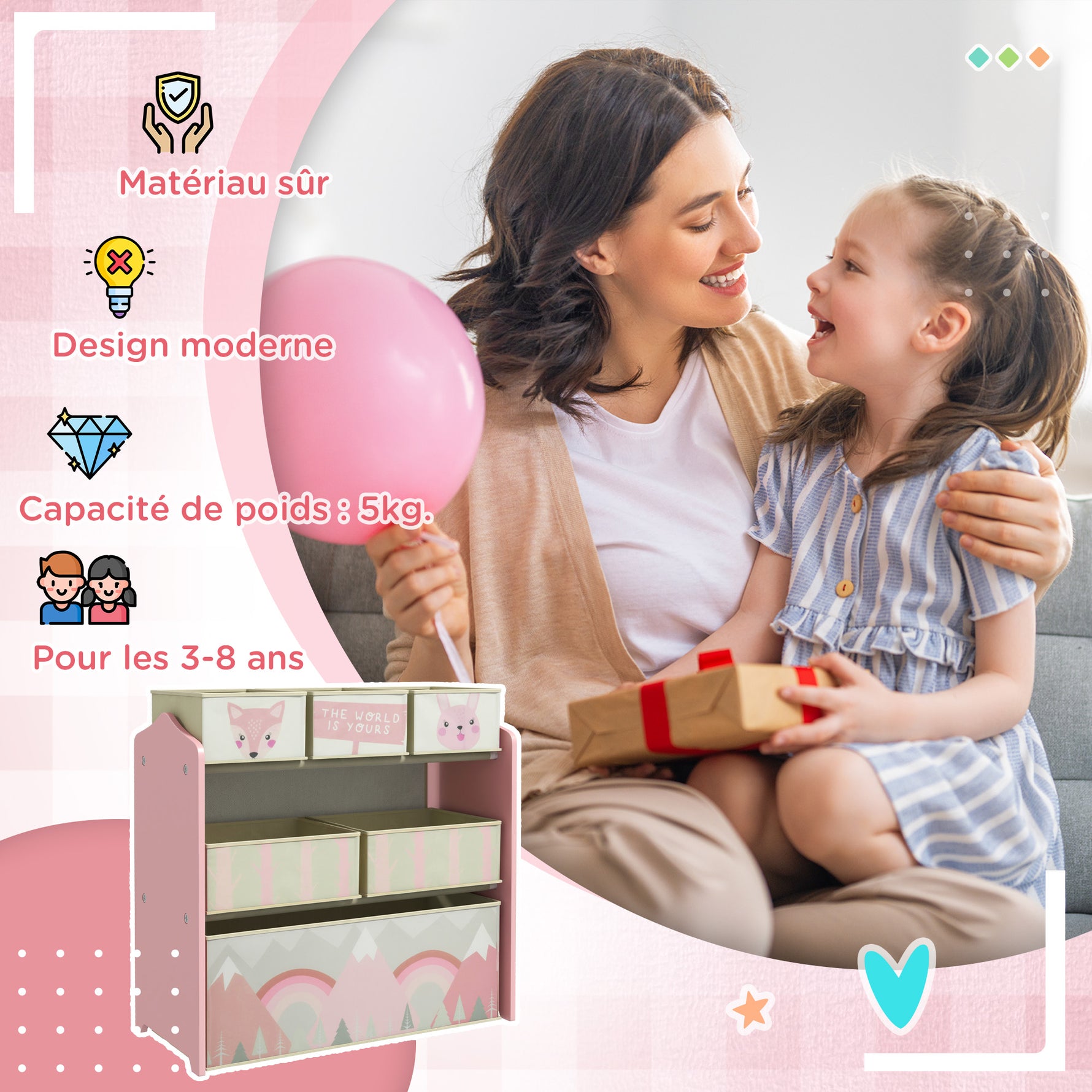 Meuble de rangement enfant avec 6 boîtes amovibles en tissu non tissé Organisateur de jouets, étagère 63L x 30l x 66H cm