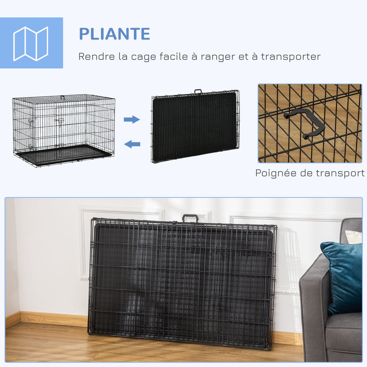 Cage caisse de transport pliante pour chien en acier 2 portes verrouillables 121 x 77 x 82 cm noir