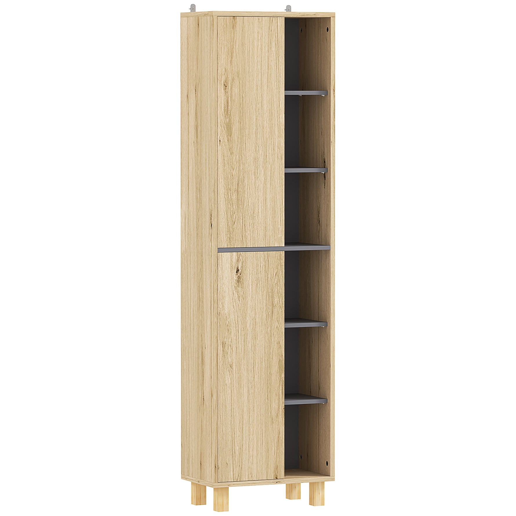 Meuble colonne salle de bain, armoire de salle de bain avec 6 compartiments ouverts et 2 placards, bois naturel