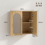 Armoire murale de salle de bain bohème avec 2 portes effet rotin à fermeture douce et étagère réglable, chêne