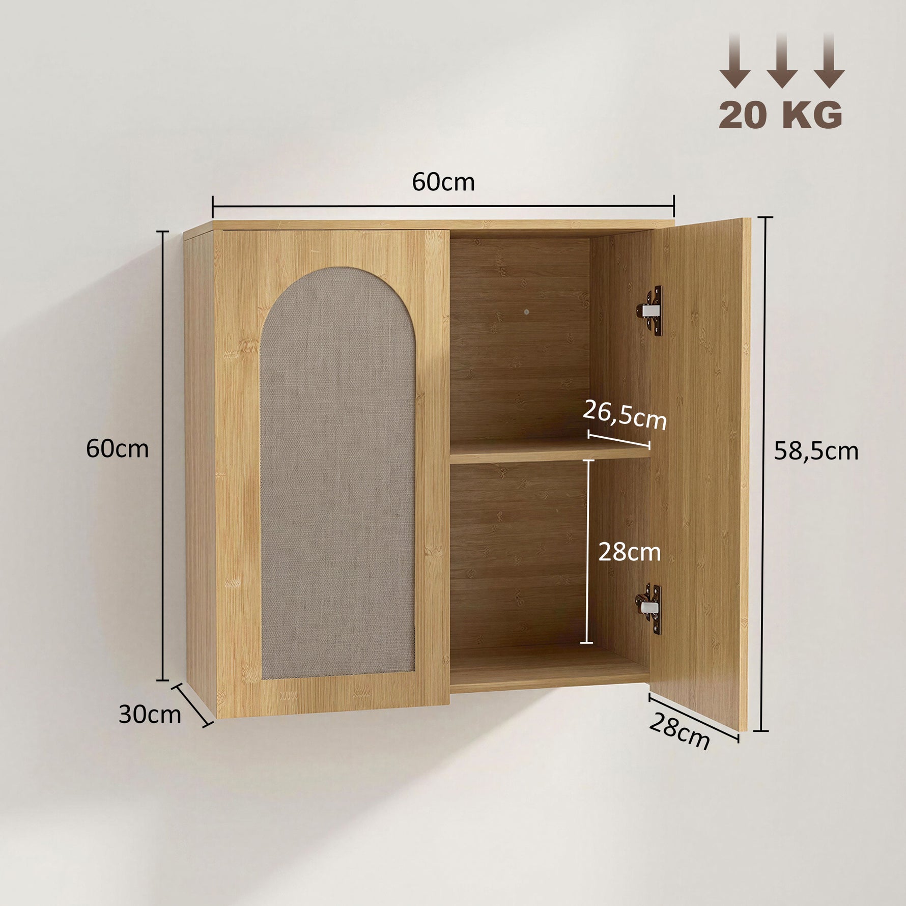 Armoire murale de salle de bain bohème avec 2 portes effet rotin à fermeture douce et étagère réglable, chêne