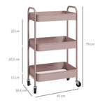Desserte chariot de rangement en acier chariot de service à roulettes 3 plateaux ajourés 45 x 30,6 x 79 cm rose