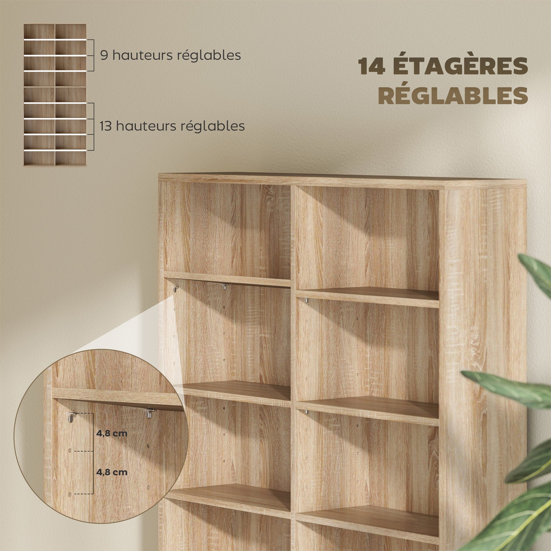 Rangements pour CD et DVD 18 compartiments capacité max. 640 CD/360 DVD 430 Blu-ray 78,5 x 24 x 175 cm bois naturel
