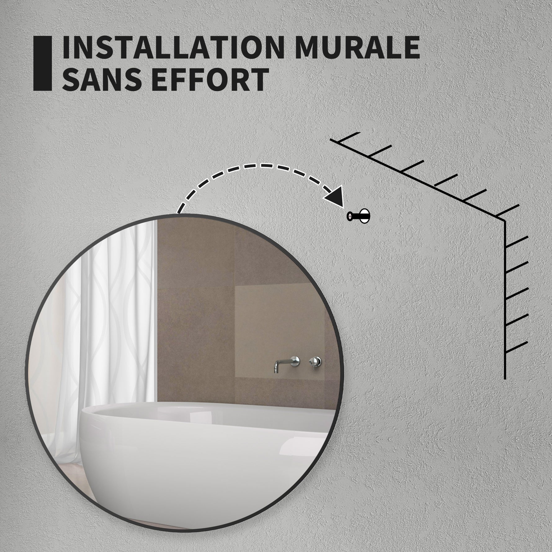 Miroir rond miroir salle de bain cadre en métal facile à installer, pour chambre, salon, entrée, Ø 70 x 2,5 cm noir