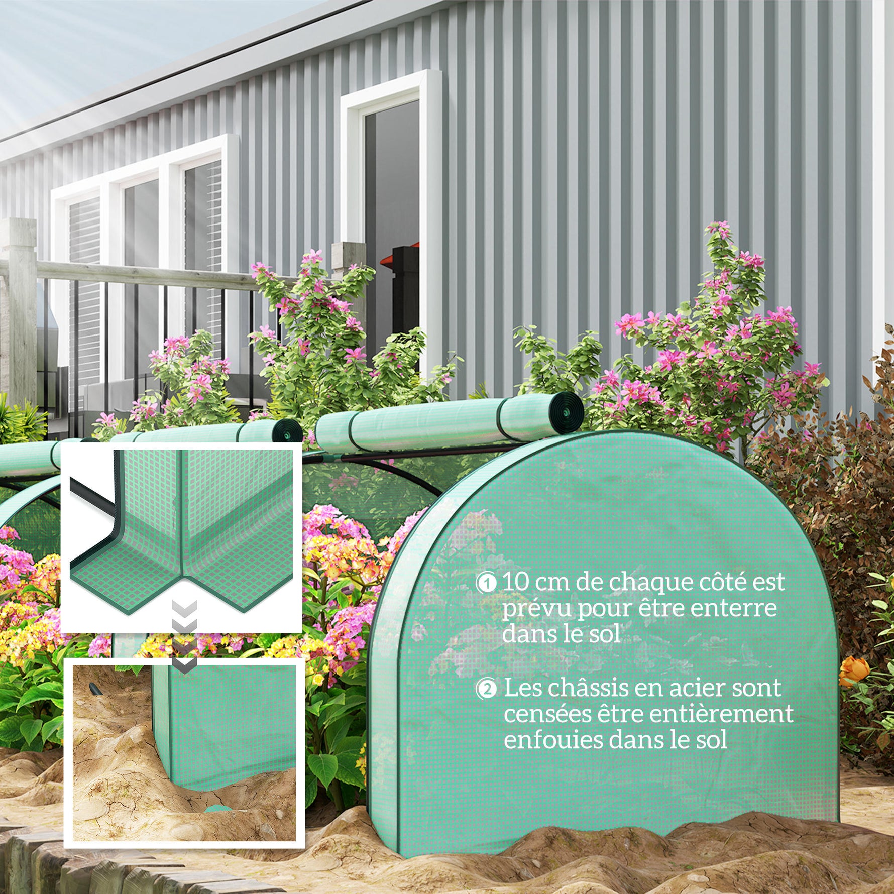 Mini Serre de Jardin Serre à tomates 3,5L x 1l x 0,8H m Acier PE Haute densité 140 g/m² Anti-UV 3 fenêtres vert