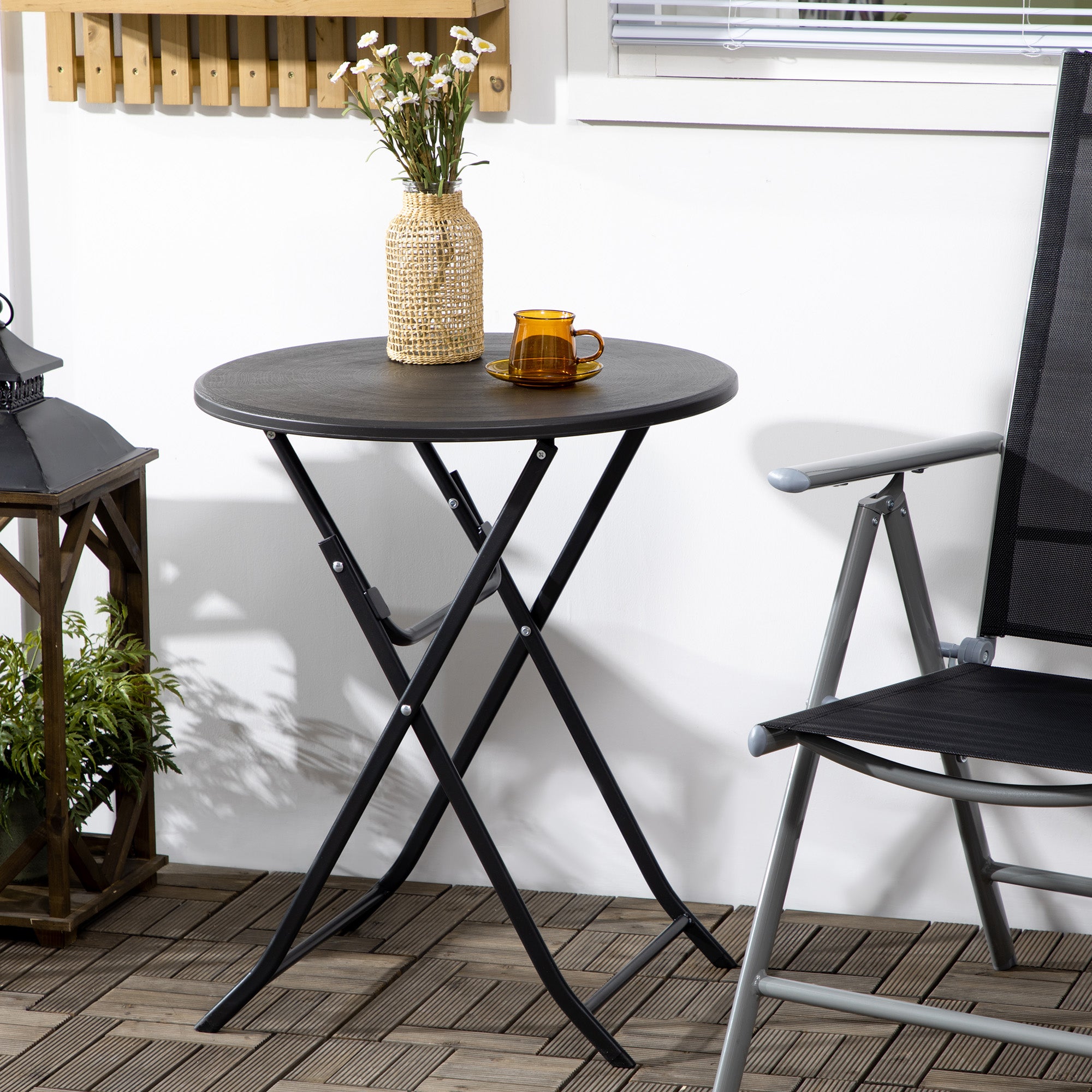 Buitentafel voor 2 personen, ronde tuintafel met stalen frame, Ø 60 x 73H cm, donkergrijs