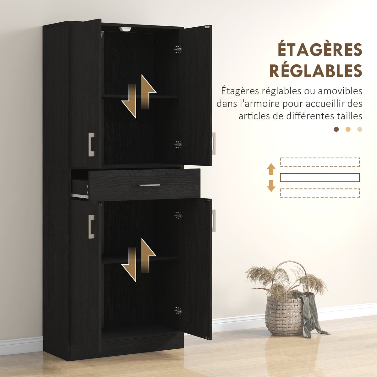 Buffet haut armoire de cuisine 4 portes 2 placards et 1 tiroir central hauteur 180 cm avec 2 étagères réglables noir