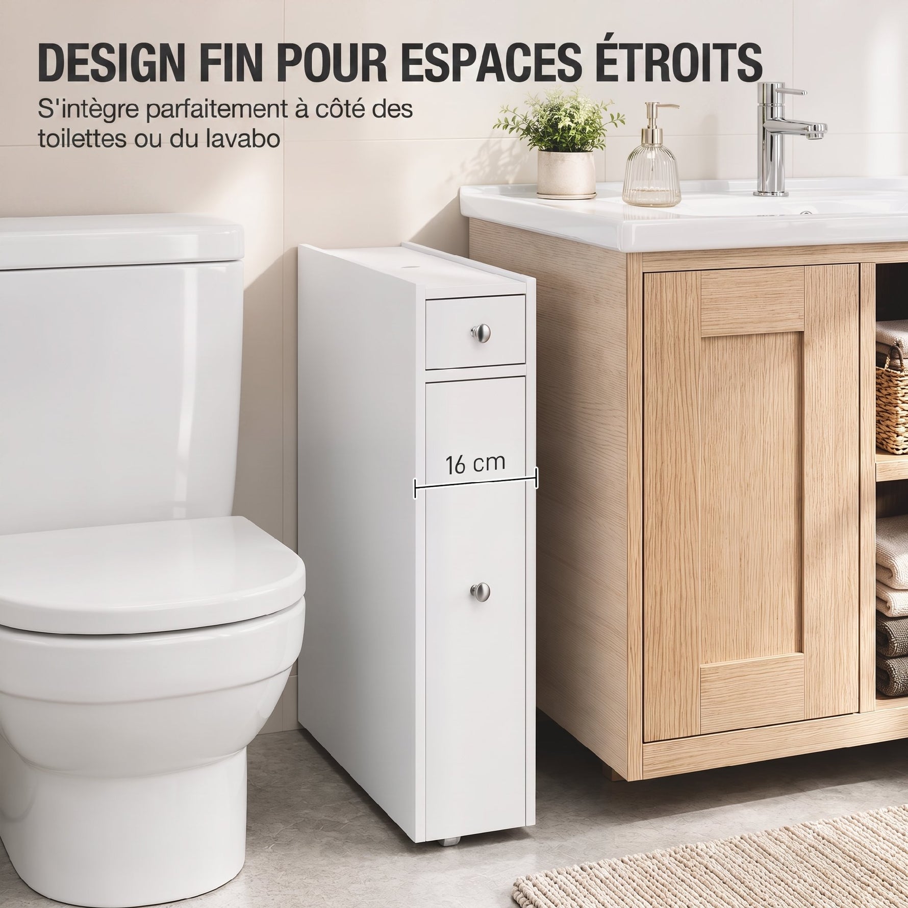 Meuble de salle de bain étroit, armoire de salle de bain sur pied avec 2 tiroirs et étagère ouverte, 16x48x58cm, blanc