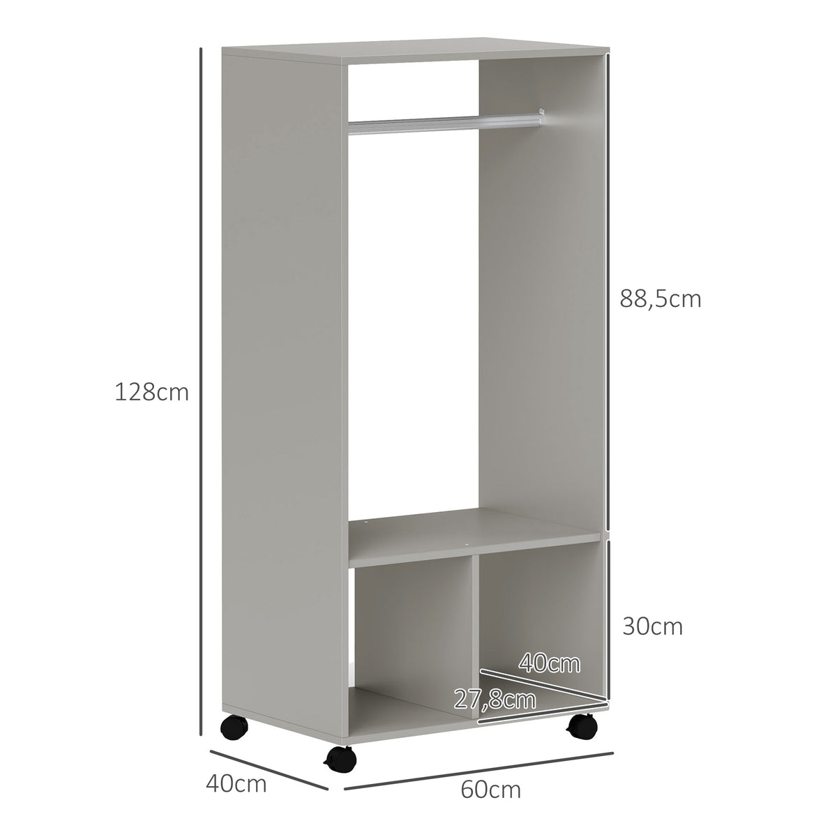 Armoire penderie étagère 2 niches penderie 4 roulettes pivotantes dim. 60L x 40l x 128H cm gris