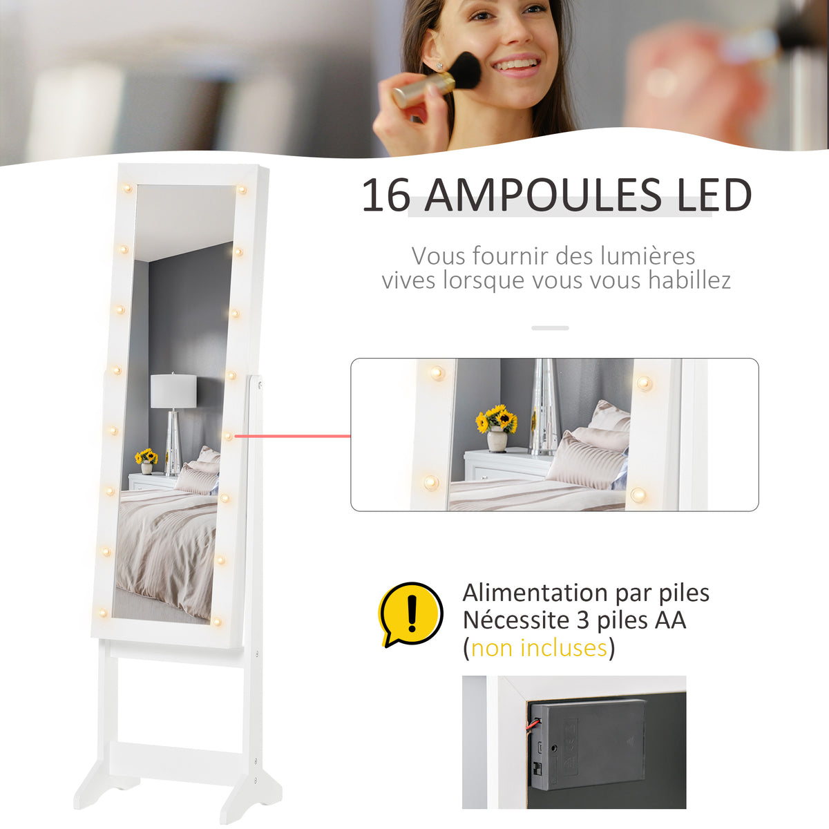 Armoire à bijoux armoire de rangement sur pieds boîte à bijoux avec miroir multi-rangements éclairage LED blanc