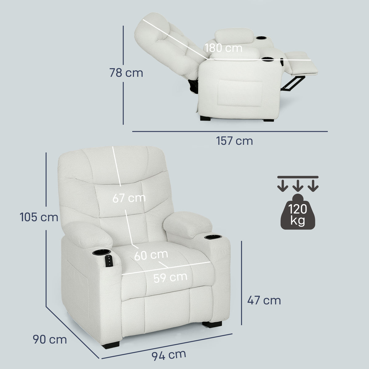 Fauteuil relax électrique, fauteuil inclinable, port USB, repose-pieds, porte-gobelets, 94 x 90 x 105 cm, crème