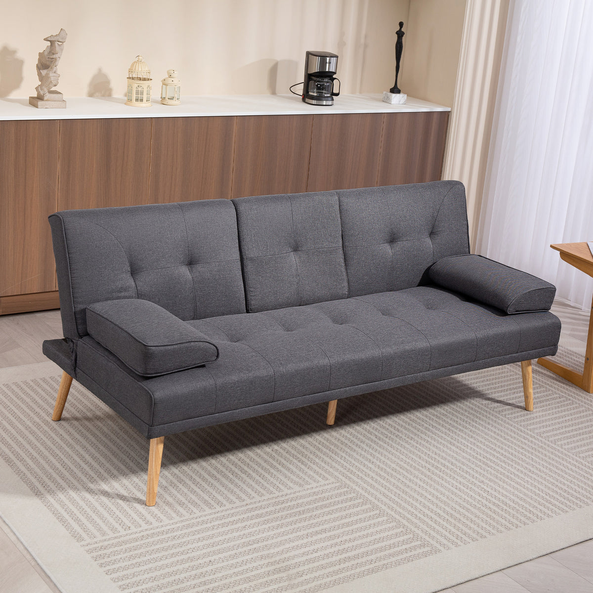 Canapé convertible 3 places, canapé-lit rembourré avec dossier réglable 3 niveaux, 2 coussins et 2 porte-gobelets intégrés, tissu de lin, pour salon, chambre d'amis, petit espace, gris foncé