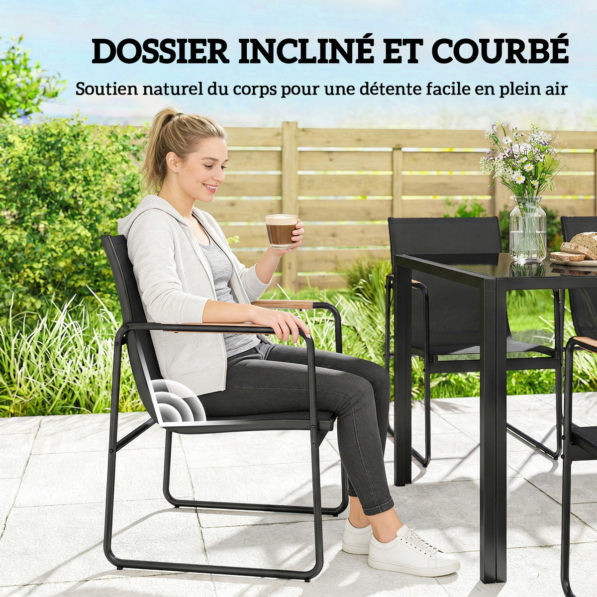Ensemble de Salle à Manger d'Extérieur 7 Pièces pour 6 Personnes, Table en Verre et Chaises avec Accoudoirs Décoratifs, Maille Résistante aux Intempéries, Noir
