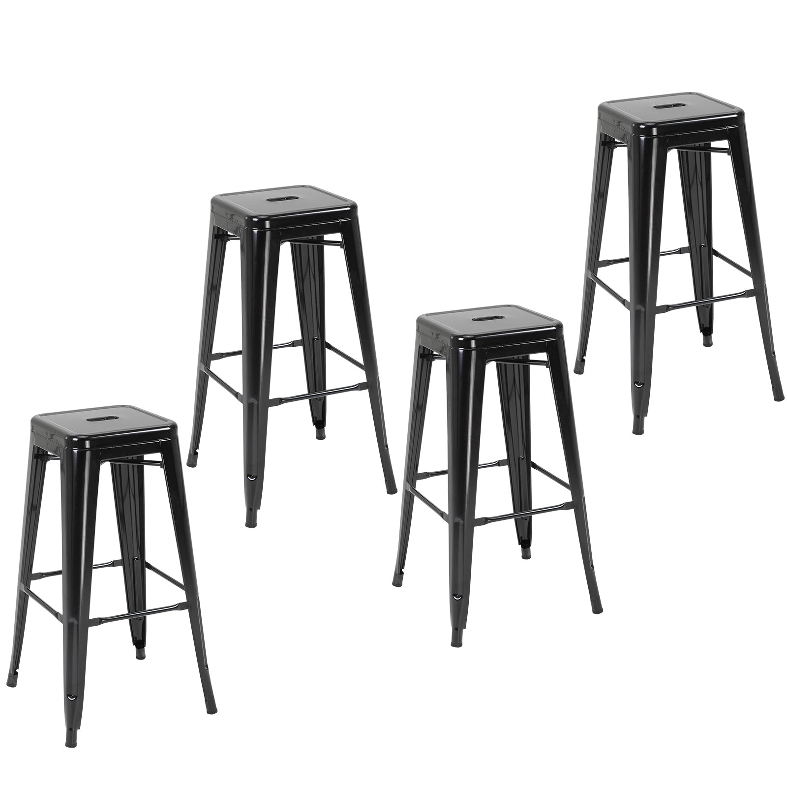 Lot de 4 tabourets de Bar Empilable Chaise de Bar Industriel avec Repose-Pied Hauteur d'Assise 76 cm, cadre en métal, style rétro, pour salle à manger, balcon, bistrot ou bar, Noir