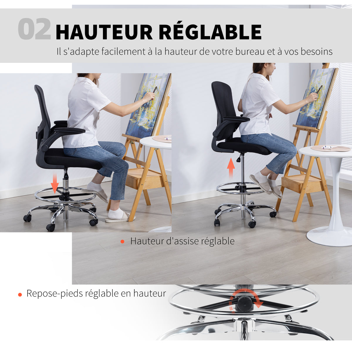 Chaise bureau ergonomique, chaise de dessin, support lombaire 4D, accoudoirs relevables, 60 x 60 x 108-132 cm, noir