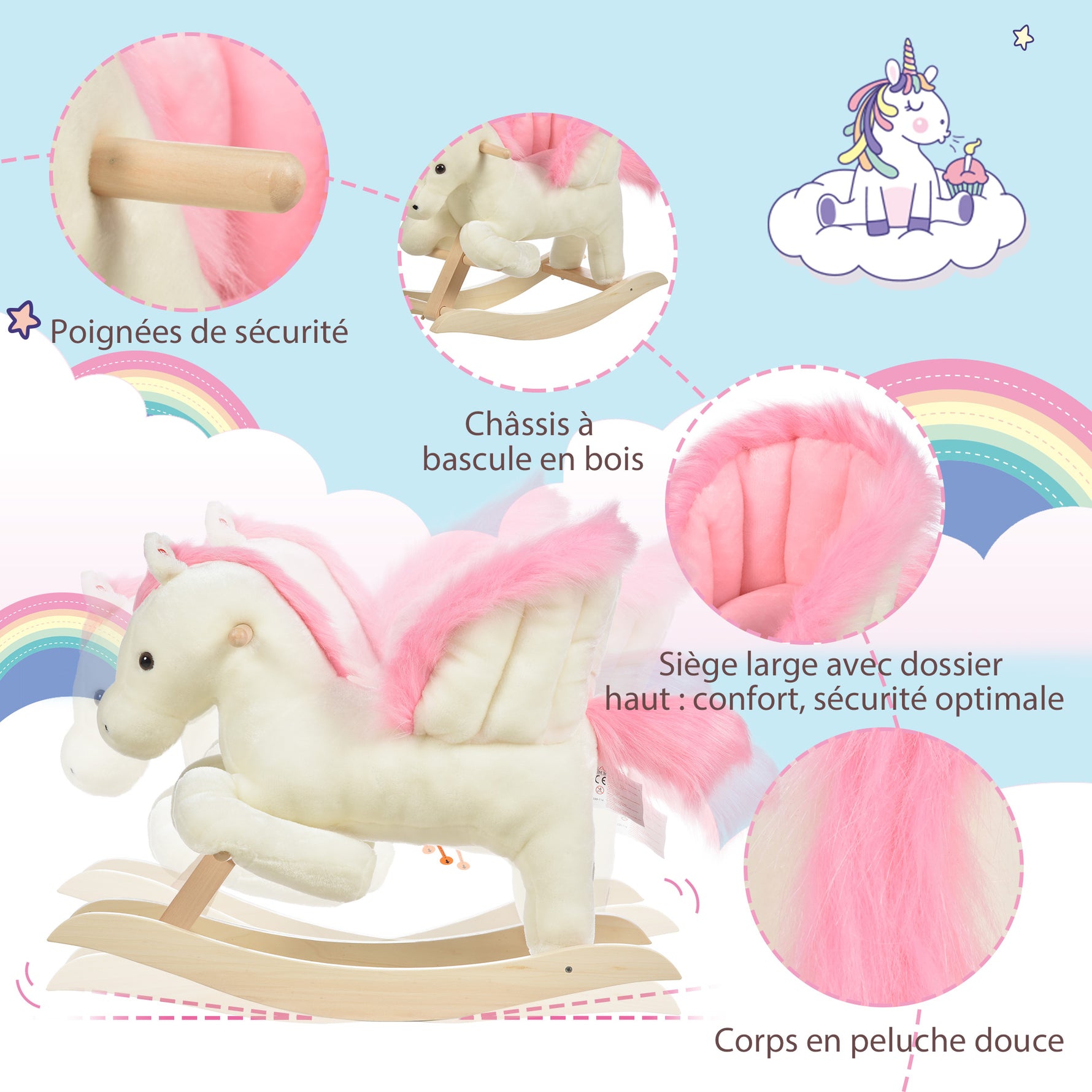 Cheval à Bascule Fonction Musicale Selle Grand Confort Peluche Courte Douce Pour Enfants 18-36 Mois Bois peuplier Blanc et Rose dim. 70L x 28l x 57H cm