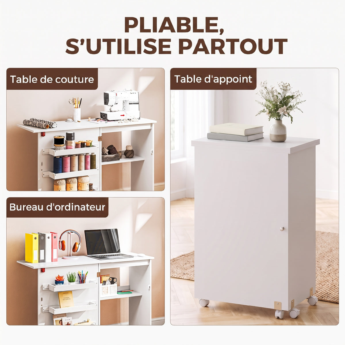 Tavolo da cucito pieghevole, mobile da cucito con ribalta, contenitori, ripiano a giorno e ruote, bianco
