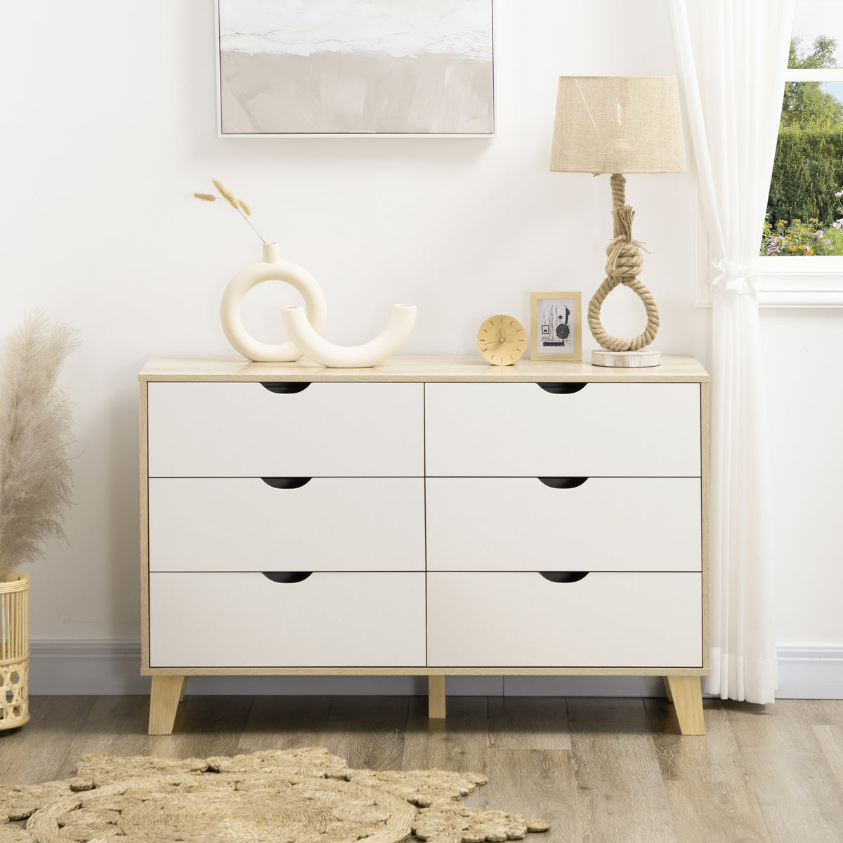 Commode 6 tiroirs style scandinave, meuble de rangement - dim. 120l x 40P x 76H cm, chêne et beige