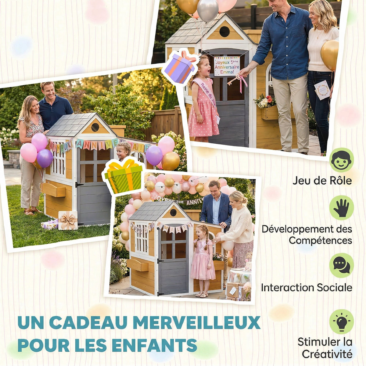 Cabane enfant extérieur en bois, maison enfant extérieure/intérieure avec porte, fenêtres, 3 bacs à fleurs, jaune