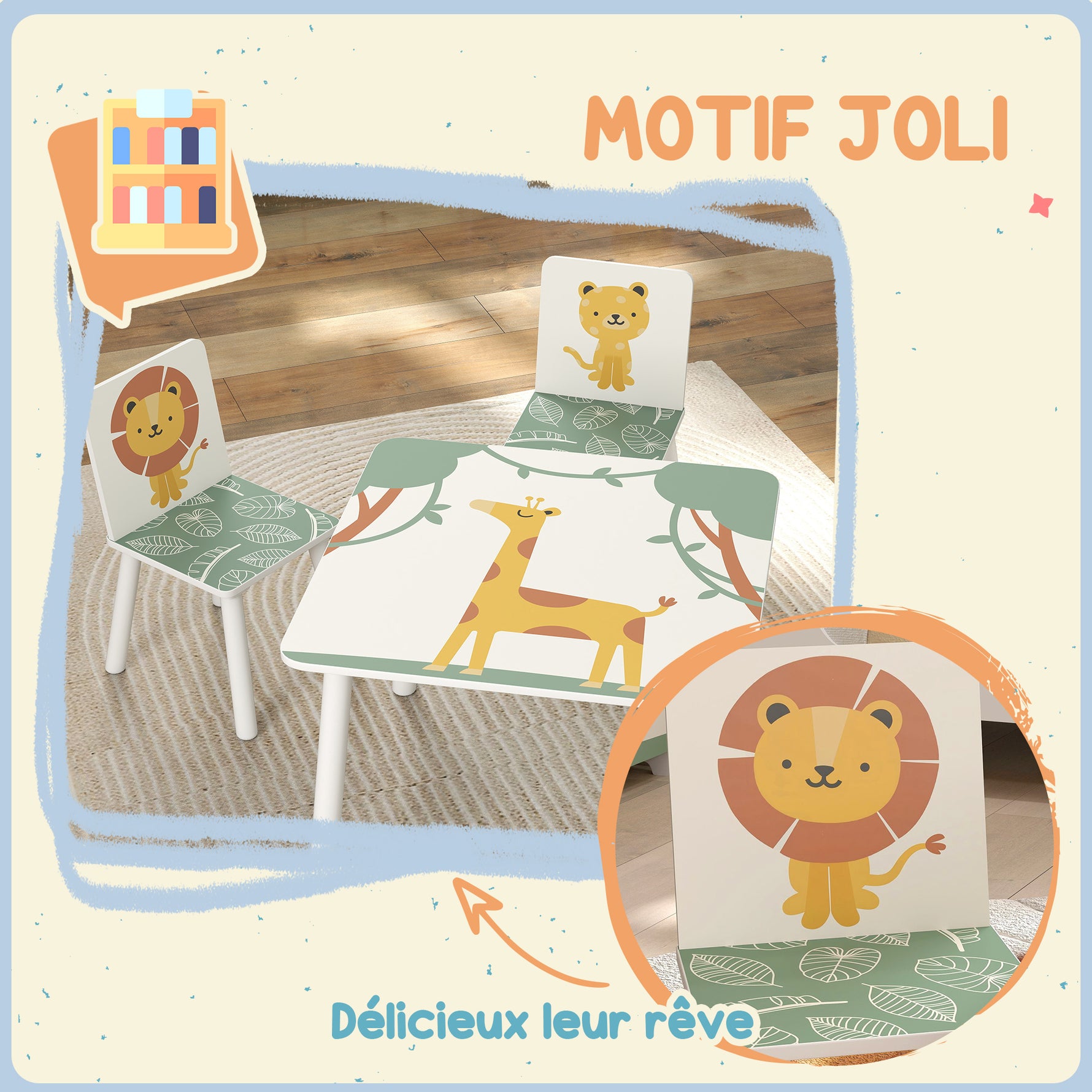 Table enfant avec chaise, ensemble table et 2 chaises enfant en bois, motifs animaux, 60 x 60 x 44 cm, vert