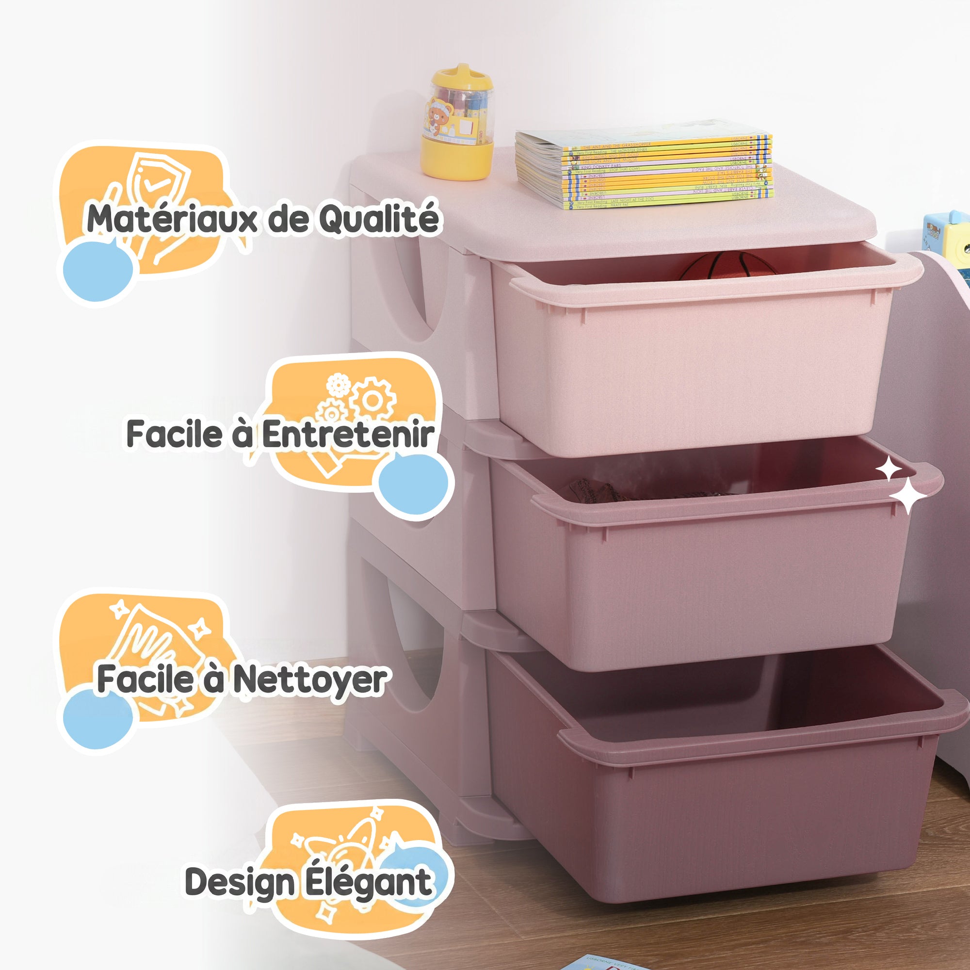 Organisateur de jouets pour enfants avec tiroirs à 3 niveaux, boîtes de rangement en plastique, 37 x 37 x 56,5 cm, rose