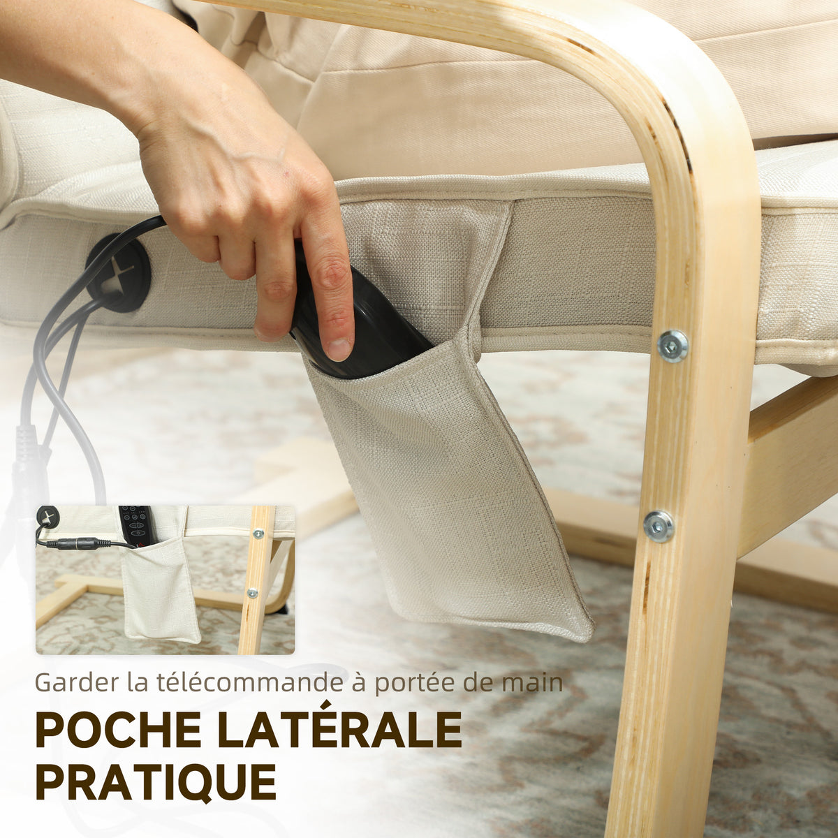 Fauteuil de salon fauteuil relax massant et chauffant dossier haut, appui-tête et repose-pieds, 67 x 95 x 101 cm, crème