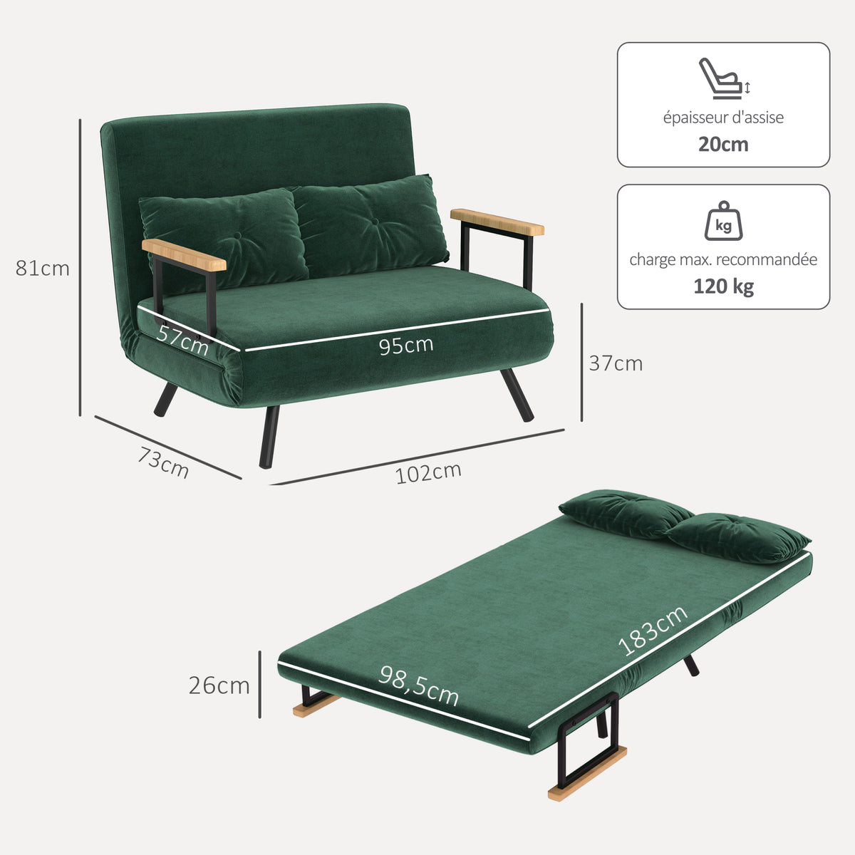 Canapé convertible 2 places 4 en 1, canapé-lit avec dossier réglable sur 5 niveaux, 2 coussins, 102 x 73 x 81 cm, vert