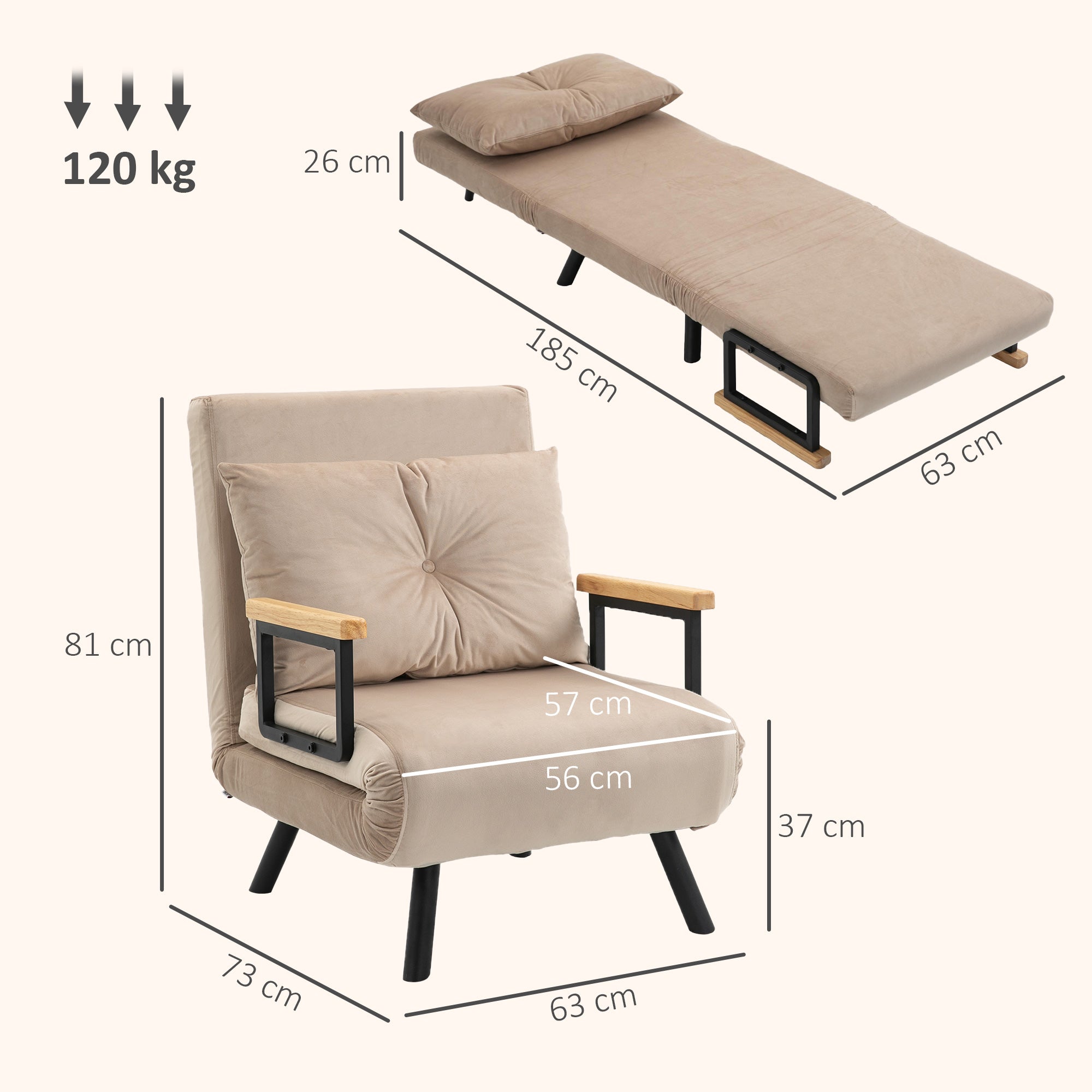 Fauteuil convertible 3 en 1 lit 1 place dossier 5 positions, accoudoirs en bois et coussin, tissu effet velours, beige