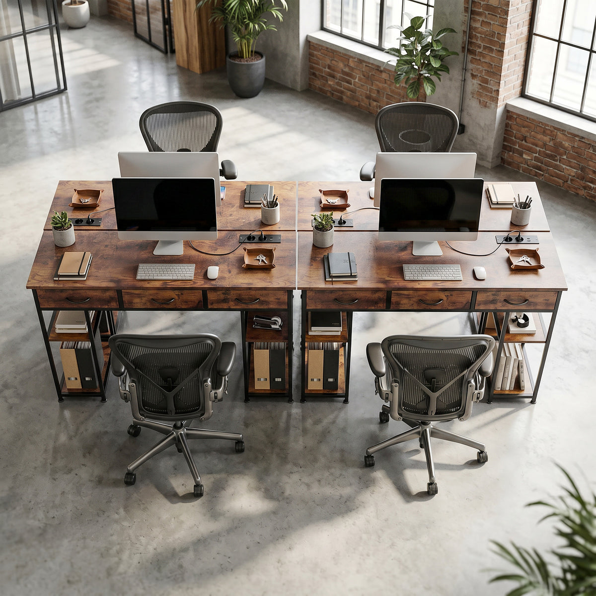 Bureau avec rangement avec prises de courant, 3 tiroirs en tissu et 4 étagères de rangement, 120 x 40 x 76 cm, marron