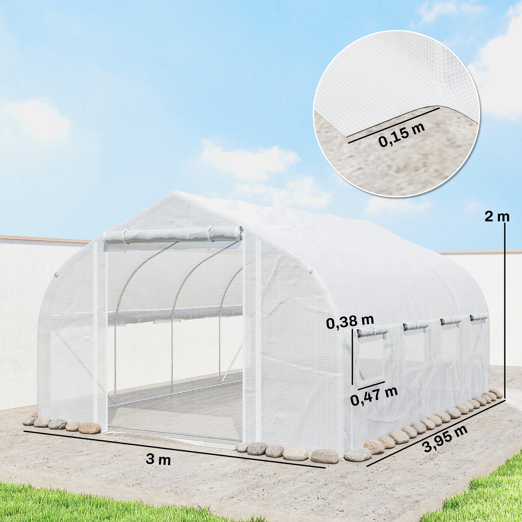 Serre tunnel de jardin 12 m², serre de jardin tunnel avec porte et 8 fenêtres, bâche PE 140 g/m² 400 x 200 x 200cm blanc