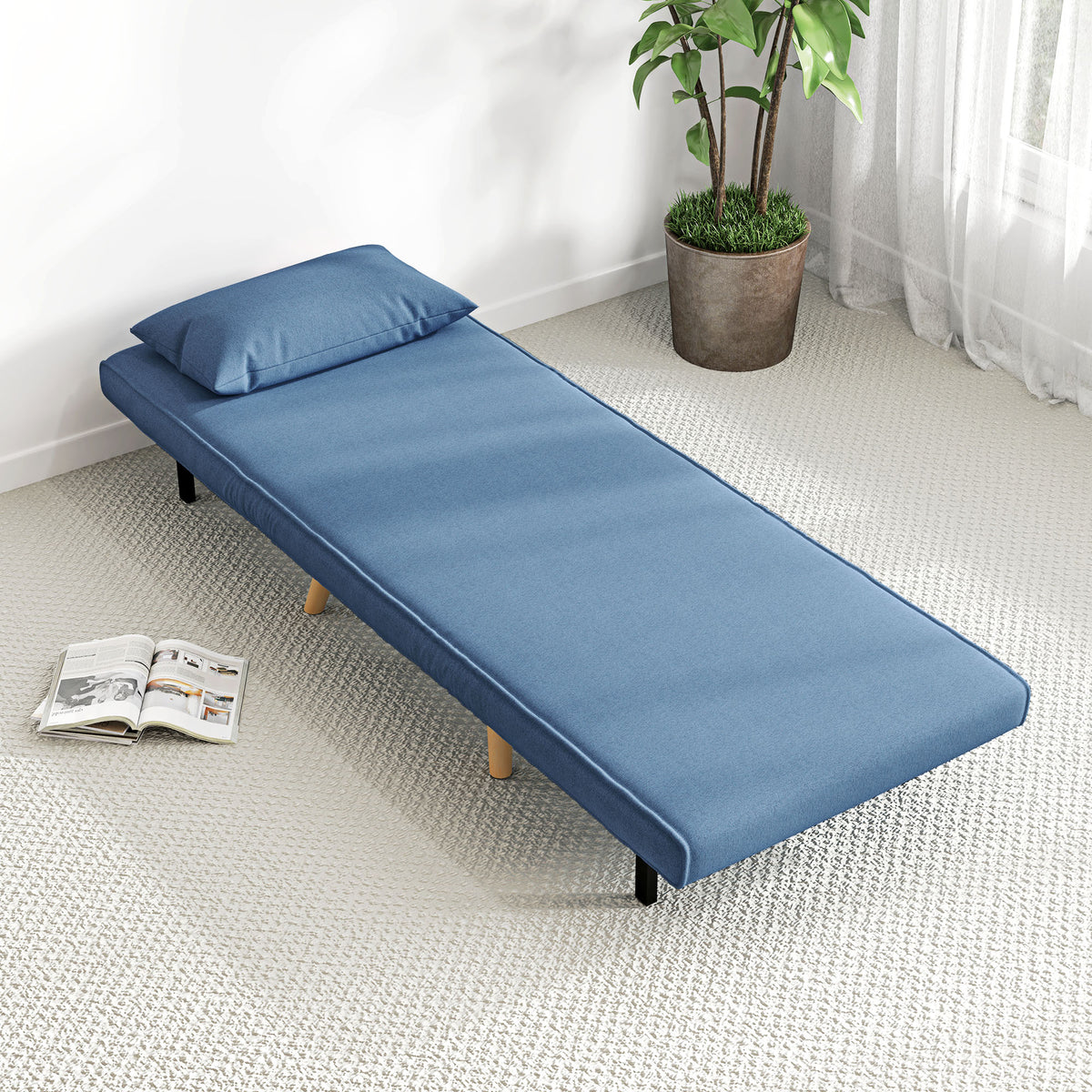 3-in-1 slaapfauteuil, eenpersoons slaapstoel met 5-standen rugleuning, van stof, inclusief kussen, blauw