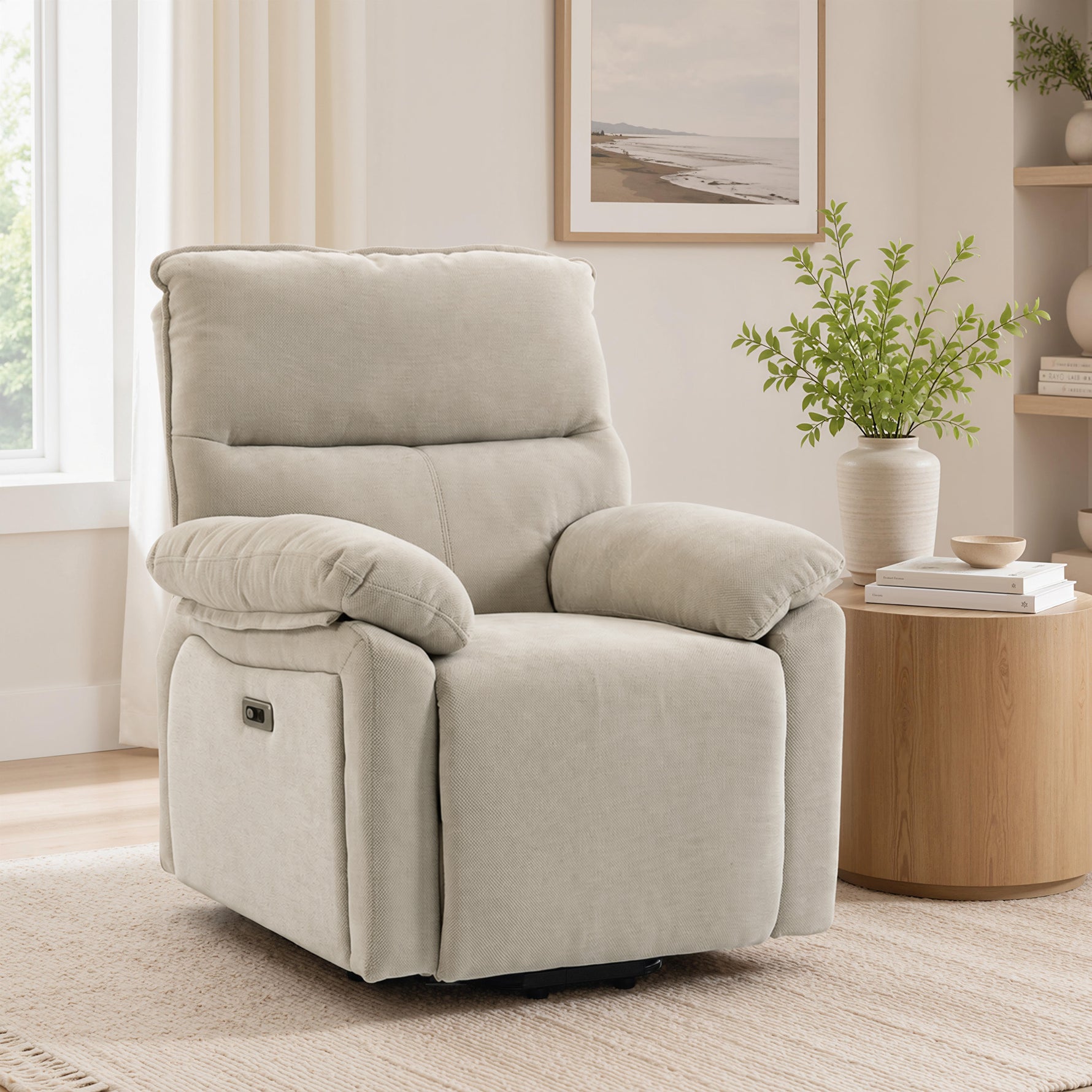 Fauteuil Releveur Électrique Massage et Chaleur Fauteuil Relax Électrique Chenille Ports USB Dossier Inclinable Crème