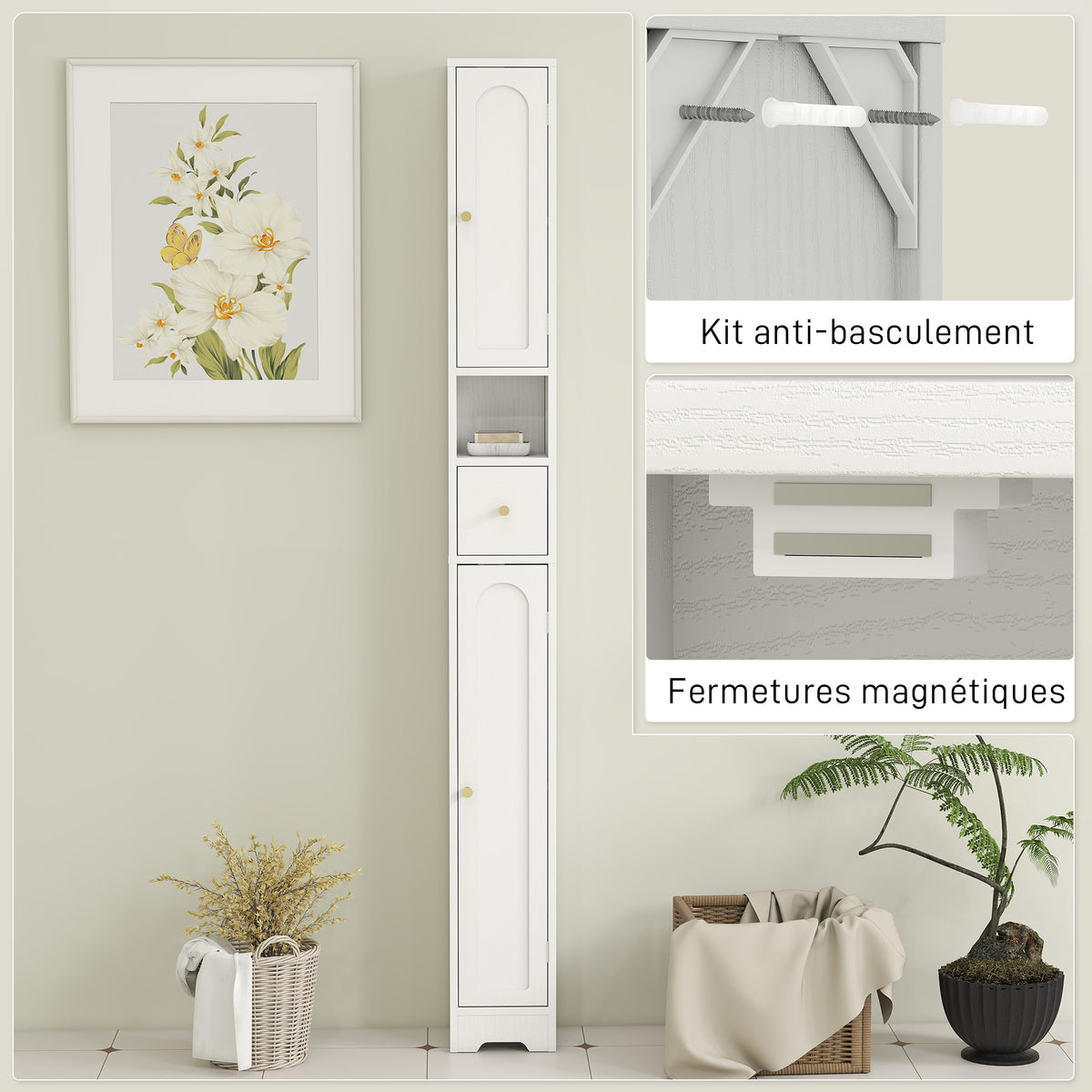 Meuble colonne salle de bain, meuble de rangement, 2 portes, tiroir, compartiment ouvert, étagère réglable, blanc