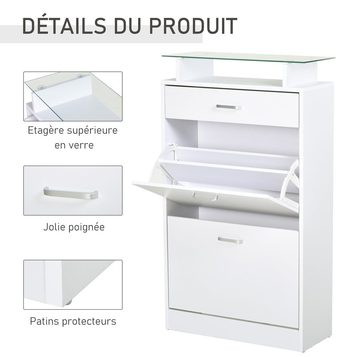 Armoire à Chaussures Meuble rangement Chaussures 2 Portes abattantes 2 Compartiments, tiroir, Plateau en Verre - Bois chêne Blanc