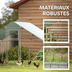 Enclos poulailler extérieur parc grillagé 6 m² avec perchoir et mangeoire acier galvanisé Ø25mm 300x200x195cm argent