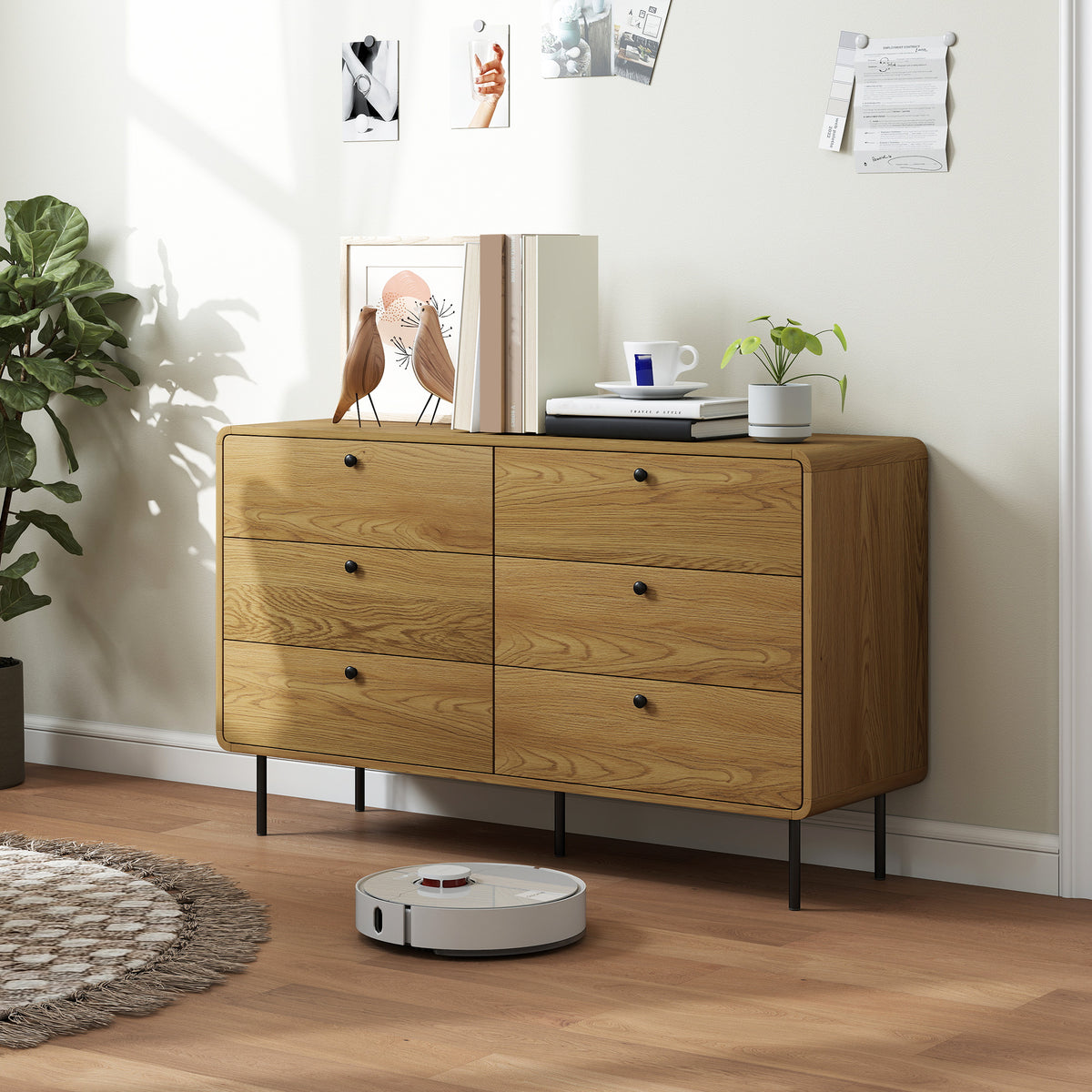 Commode 6 tiroirs meuble de rangement style moderne coins arrondis et pieds en acier 120 x 40 x 75cm effet bois de chêne