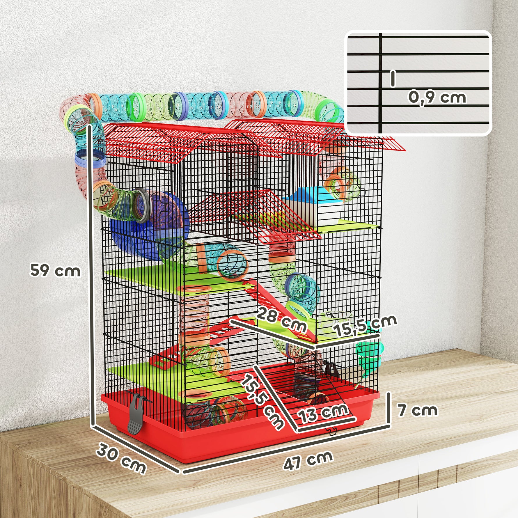 Cage pour hamster souris petit animaux rongeur avec tunnel mangeoire roue jouet 47 x 30 x 59 cm rouge