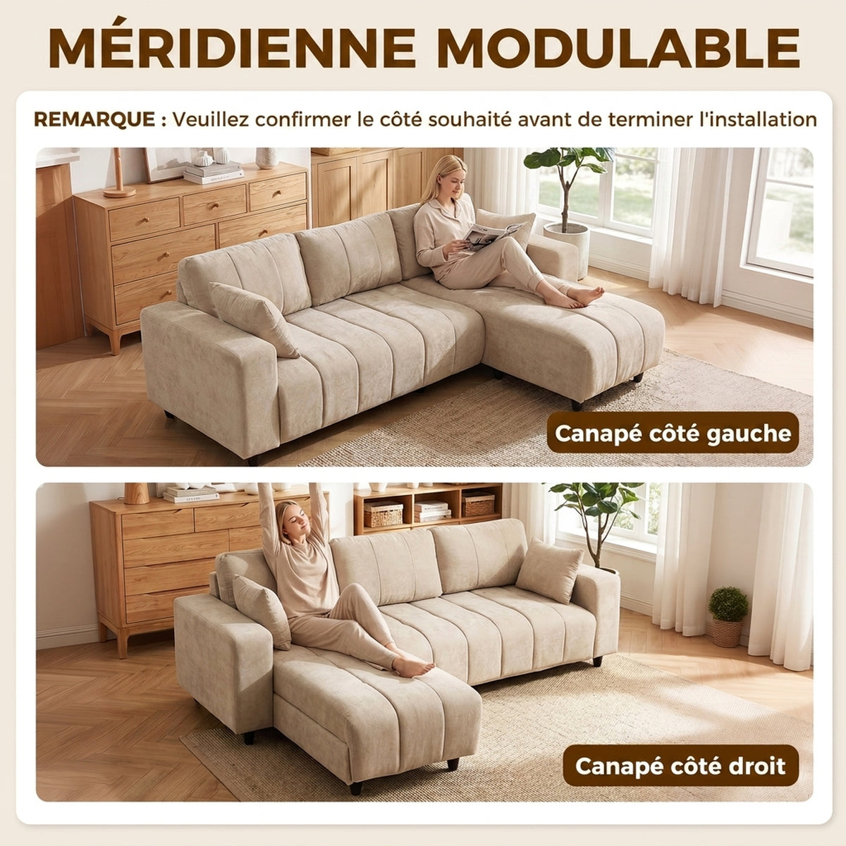 Canapé d'Angle Modulable 242 cm, Canapé 4 Places en L avec Méridienne Réversible, 2 Oreillers, Tissu Aspect Lin, Beige