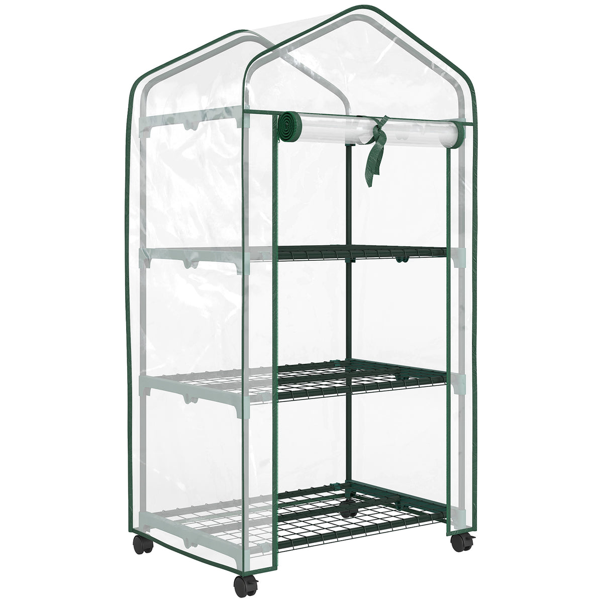 Mini serra da giardino con 3 ripiani, telo in PVC ad alta densità, porta avvolgibile, 4 ruote, 69 x 49 x 130 cm, trasparente