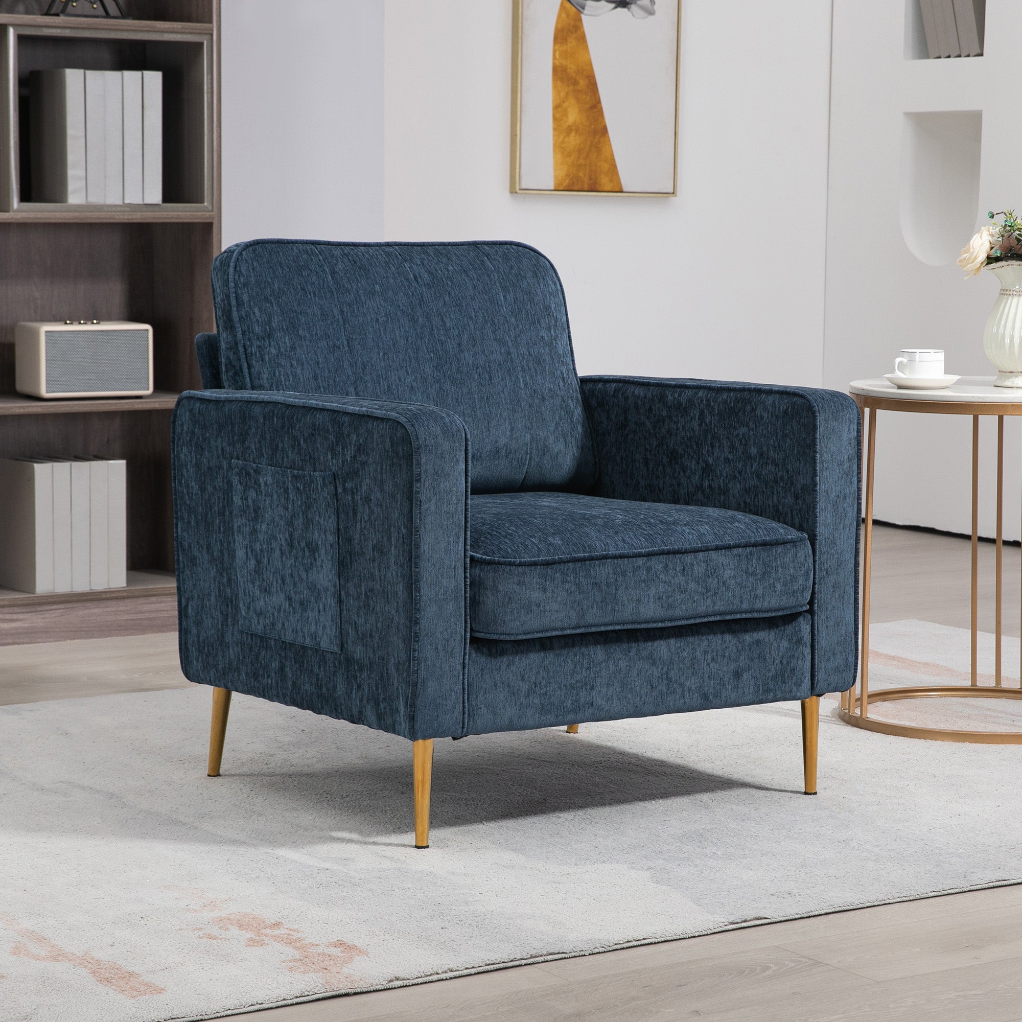 Fauteuil en tissu avec pieds en acier doré, grand confort, pochettes latérales, pour salon, bureau, chambre, bleu